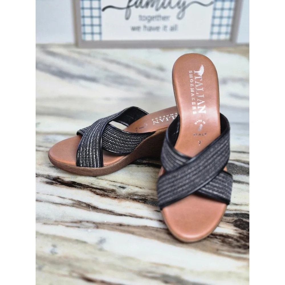 Italian Shoemakers Womens‎ Black Silver Shimmer Crisscross Wedge Sandals Size 7